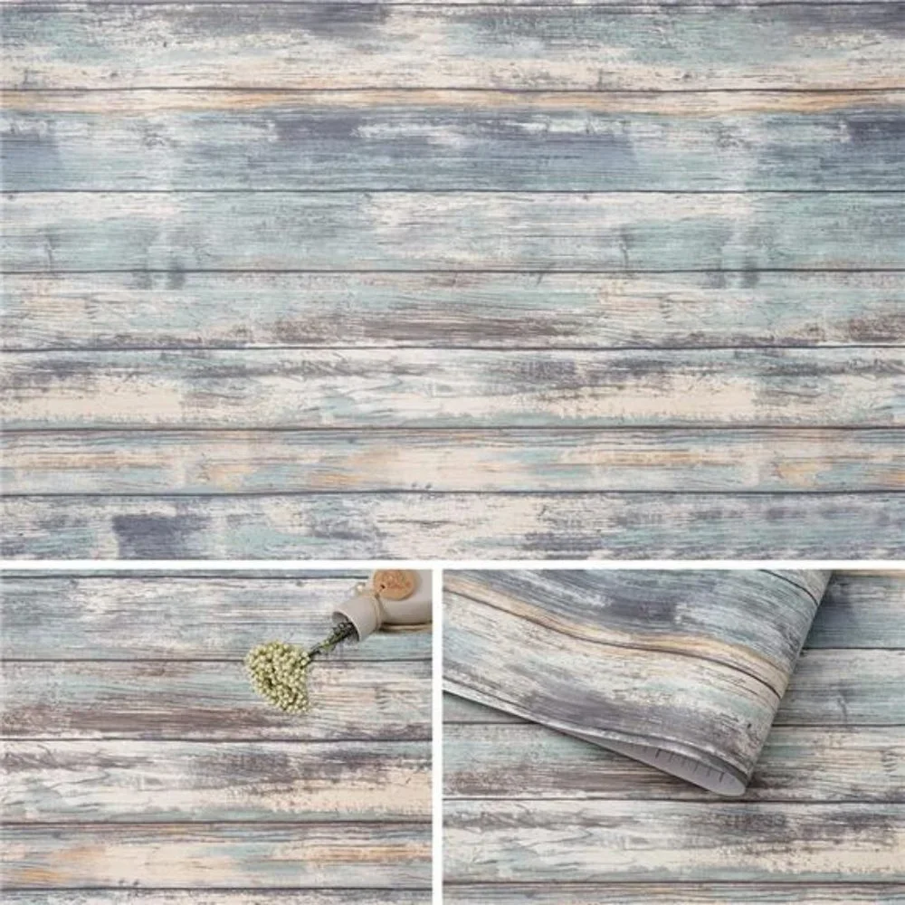 Blue Rustic Wood Paper 17''x120'' Self-Adhesive Removable Wallpaper